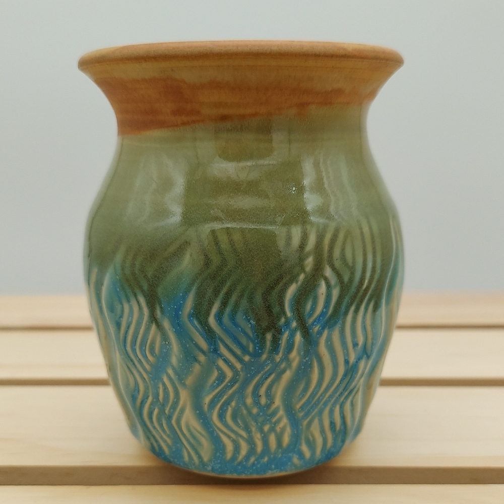 SAK Pottery Green Blue Ripple Glaze Vase